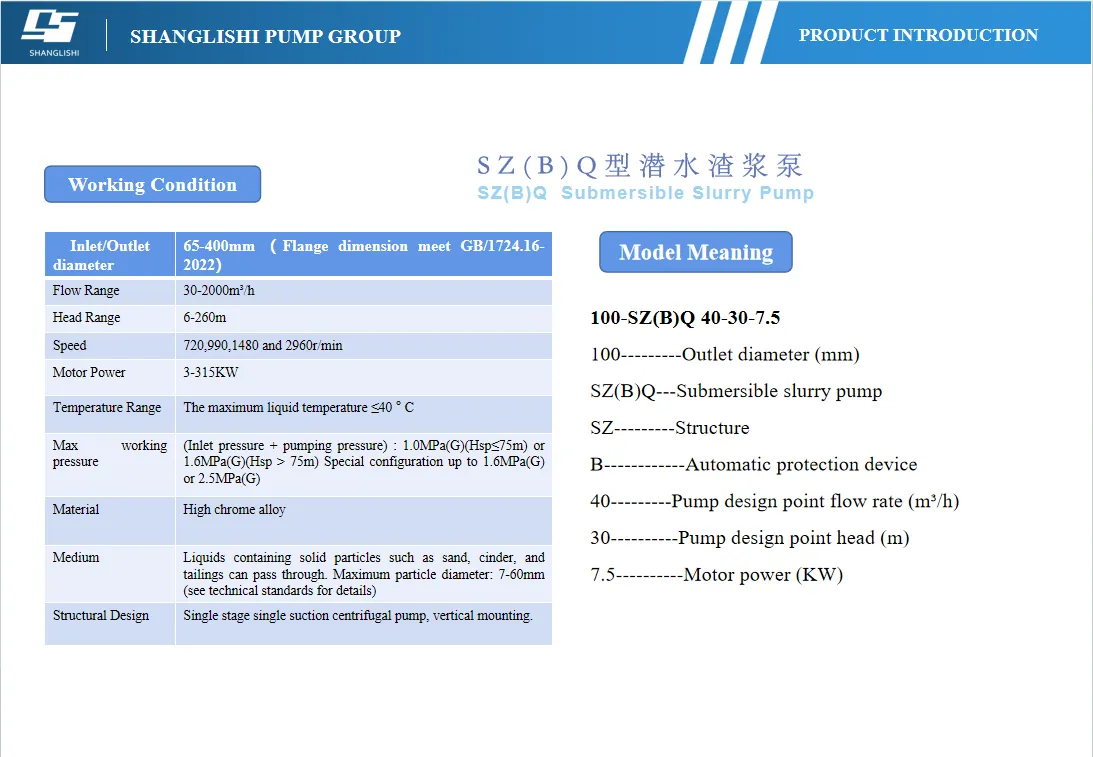 Submersible slurry pump supply Parameter range for the submersible range.