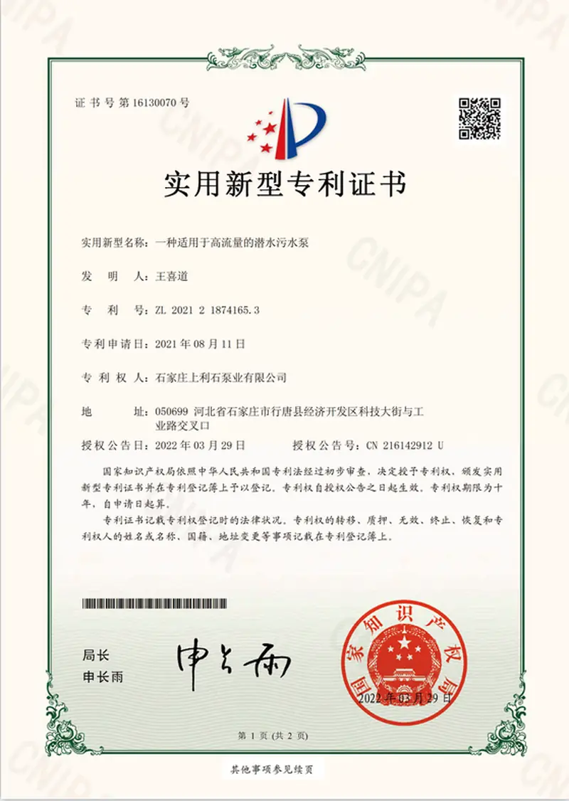ZL202121874165.3 — Submersible sewage pump for high-flow duty