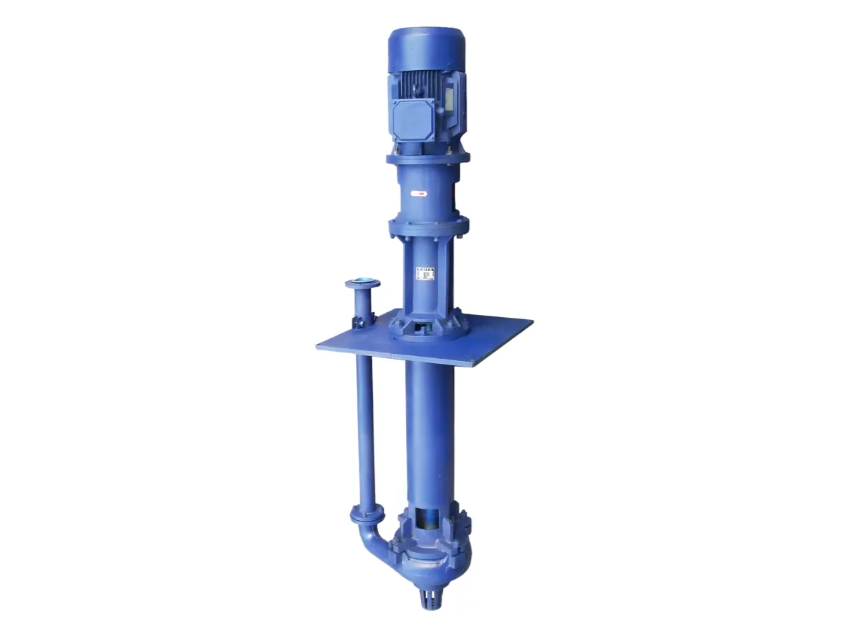 SSPR rubber-lined vertical sump pump with mounting plate, on white background