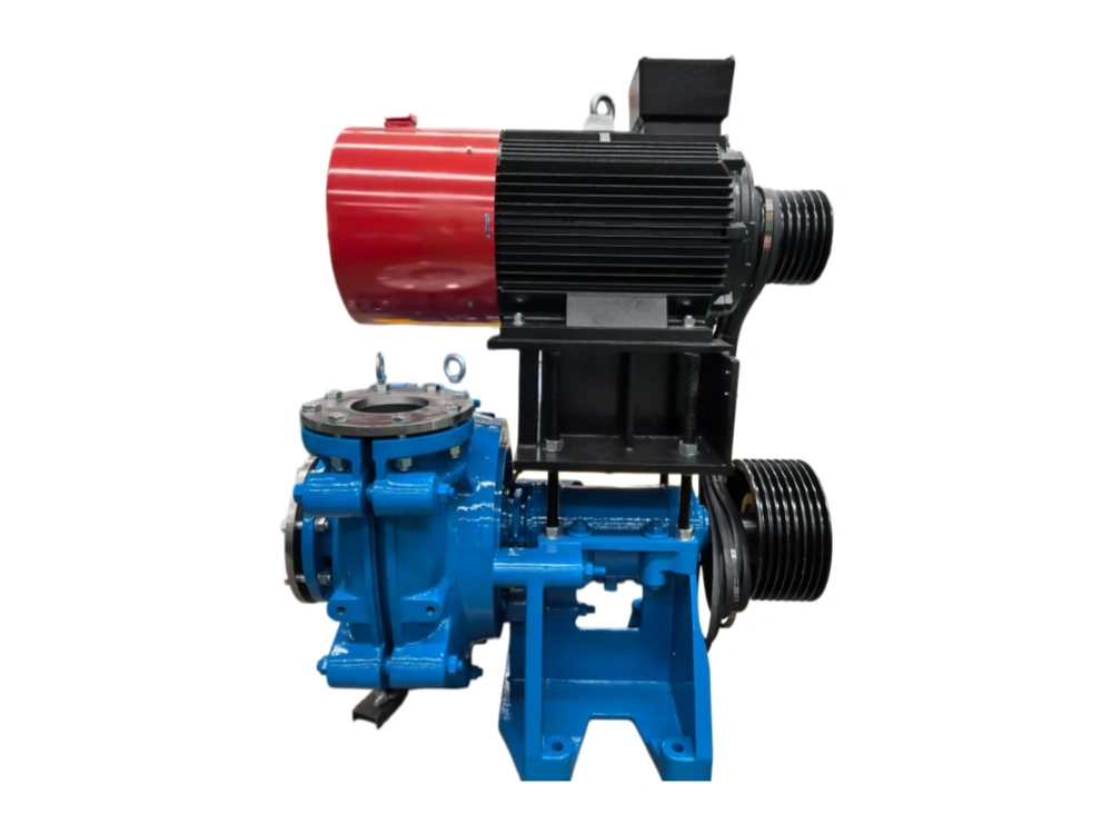 SAH-series pump set: slurry pump, V-belt drive and electric motor on a common baseplate