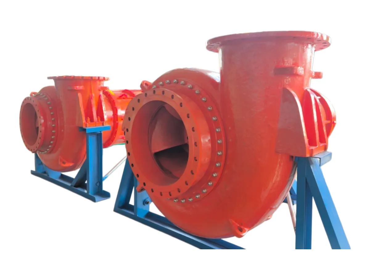 FGD slurry pump large-bore casing on stands, on white background