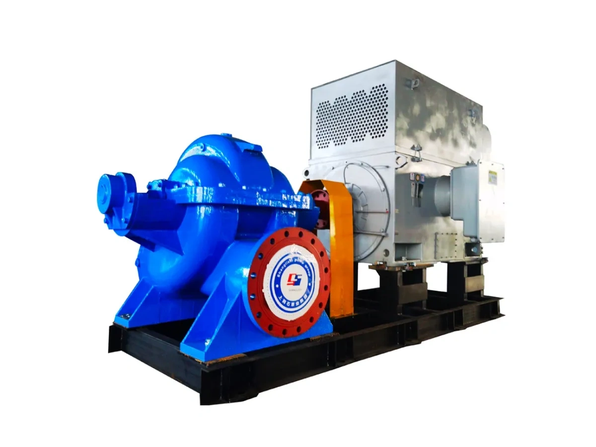 Double suction pump coupled to its drive motor, on white background