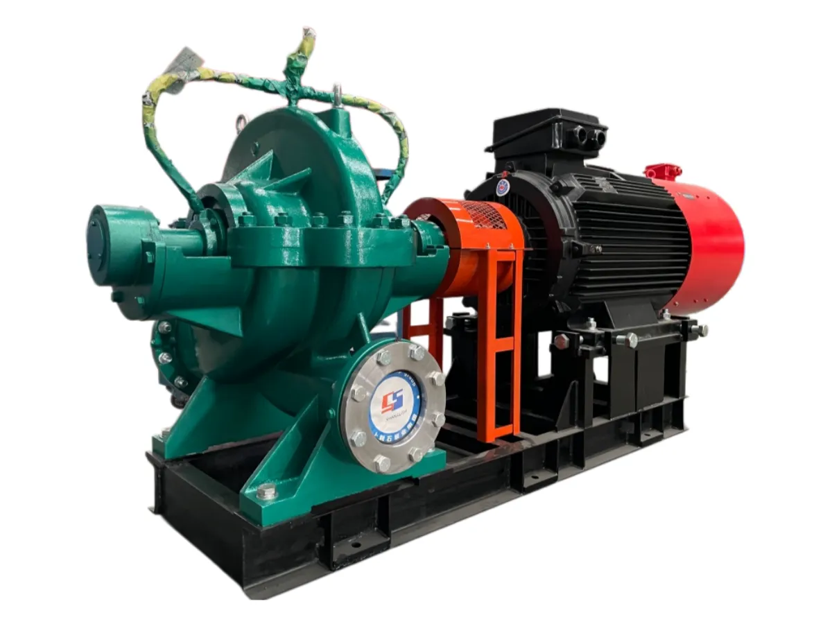 Double suction pump set with belt guard and motor, on white background